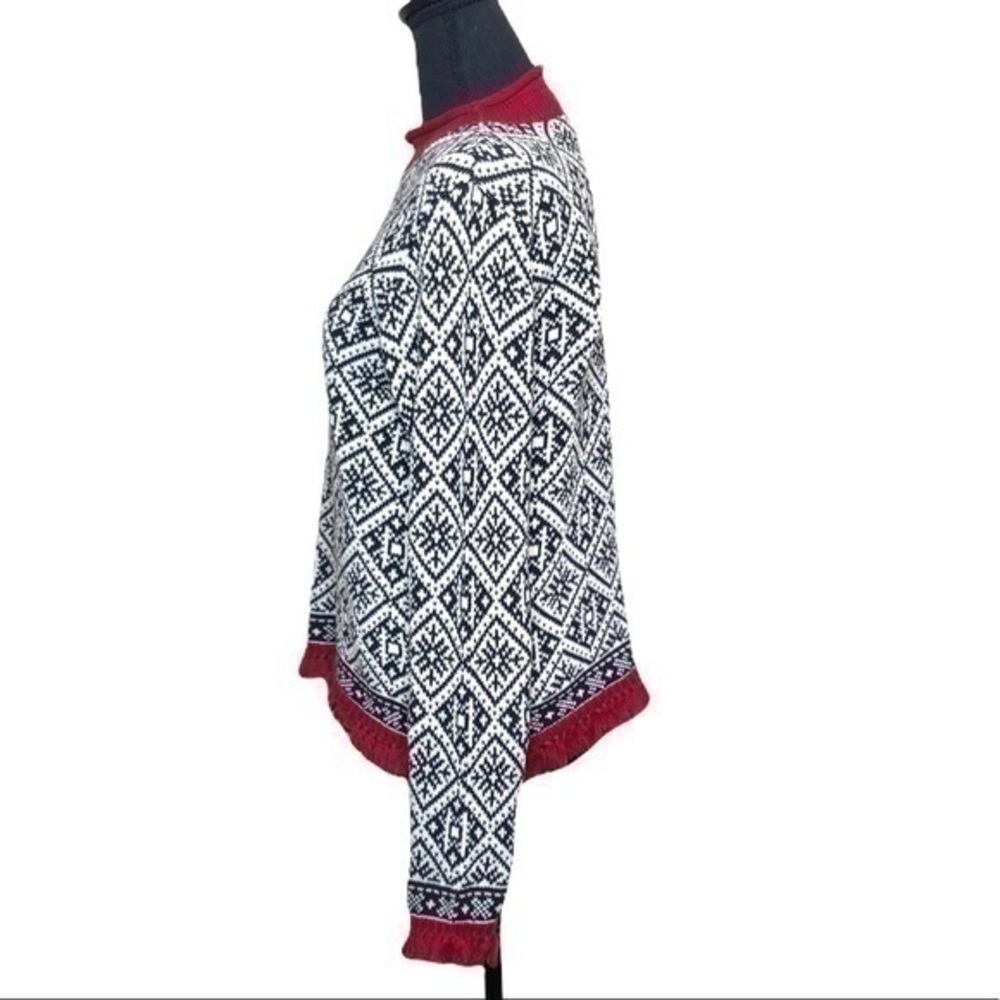 Talbots Black and White Nordic Fair Isle Snowflake Sweater with Red Fringe Small - Picture 7 of 9